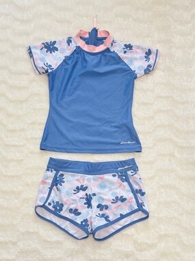 Eddie Bauer Blue & Pink Floral Girls' Rash Guard Set - Size 7/8